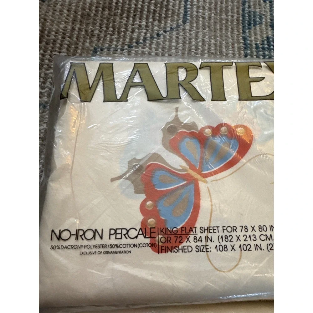 Vintage Martex Volante Butterfly King Flat & Cal King Fitted Sheet Set NOS 70s
